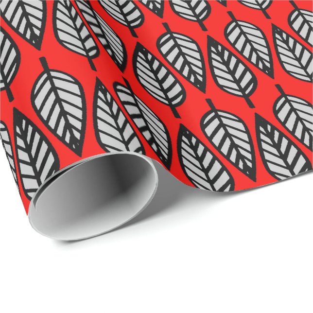 Beech leaf pattern - Red, black and grey / grey Wrapping Paper (Roll Corner)