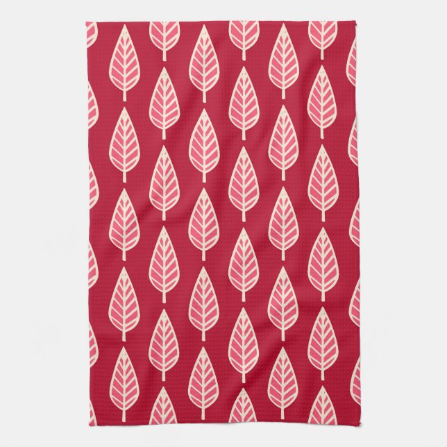 Beech leaf pattern - Ruby red and cream Kitchen Towel (Vertical)