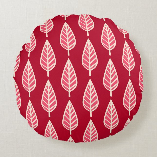 Beech leaf pattern - Ruby red and cream Round Pillow (Front)