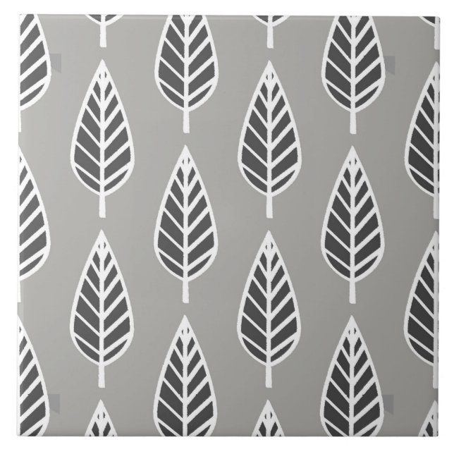 Beech Leaf Pattern, Silver Grey, Graphite & White  Tile (Front)