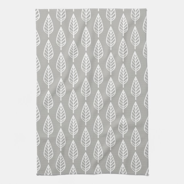 Beech leaf pattern - silver grey / grey and white kitchen towel (Vertical)