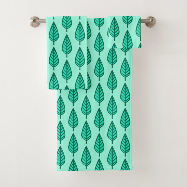 Beech Leaf Pattern, Turquoise and Aqua Bath Towel Set (Insitu)