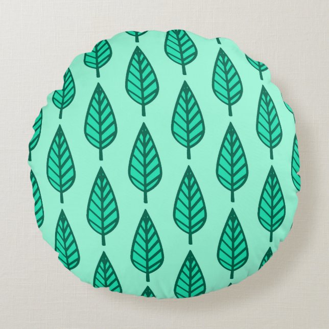 Beech leaf pattern - Turquoise and aqua Round Pillow (Front)