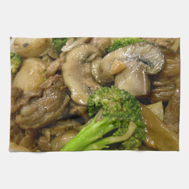 Beef, broccoli & mushroom stir fry kitchen towel (Horizontal)