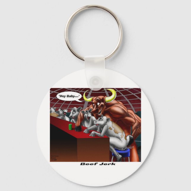 Beef Jerky Origins Funny Cow & Bull Cartoon Gifts Keychain (Front)