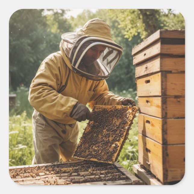 Beekeeper and Beehive Square Sticker (Front)