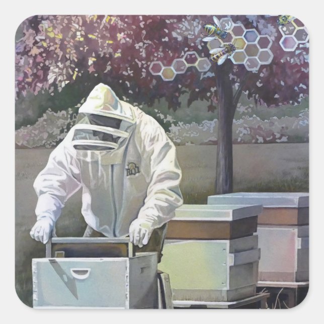 Beekeeper Tending Honey Bee Boxes Watercolor Art Square Sticker (Front)