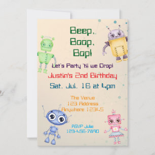 Beep Boop Bop Robot Birthday Invitation