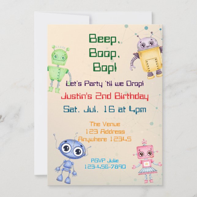 Beep Boop Bop Robot Birthday Invitation (Front)