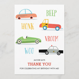Beep Honk Woo Kid's birthday thank you card