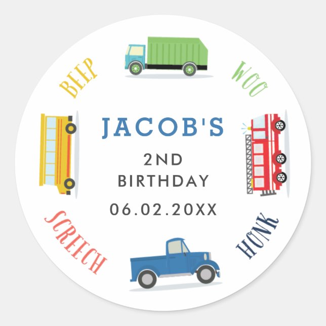 Beep screech blue truck birthday party classic round sticker (Front)