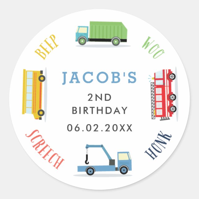 Beep screech woo blue birthday party classic round sticker (Front)