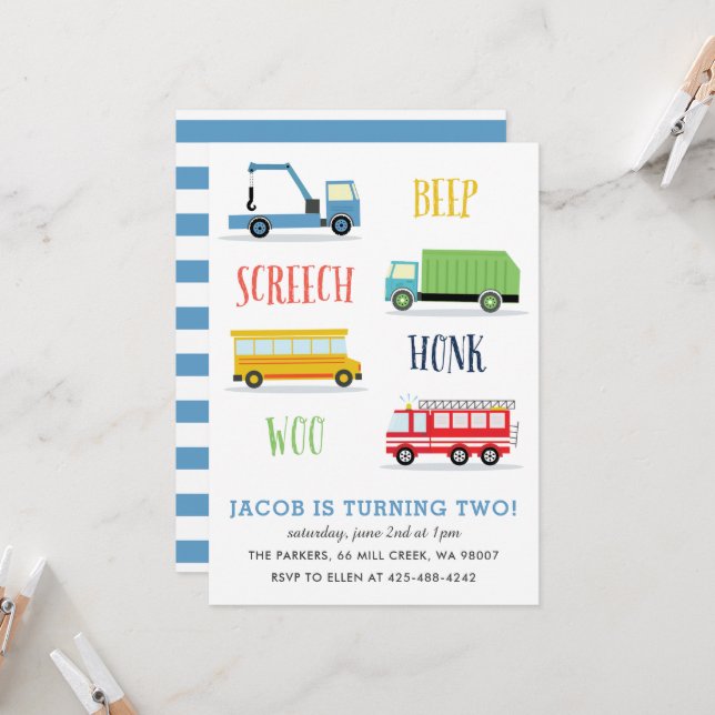 Beep Screech Woo Kid's birthday Party_Blue Invitation (Front/Back In Situ)