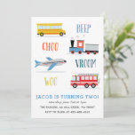 Beep Vroom Woo Airplane Kid's birthday party  Invitation<br><div class="desc">A kid's birthday party invitation featuring Train,  fire truck,  Air Plane and a school bus.</div>