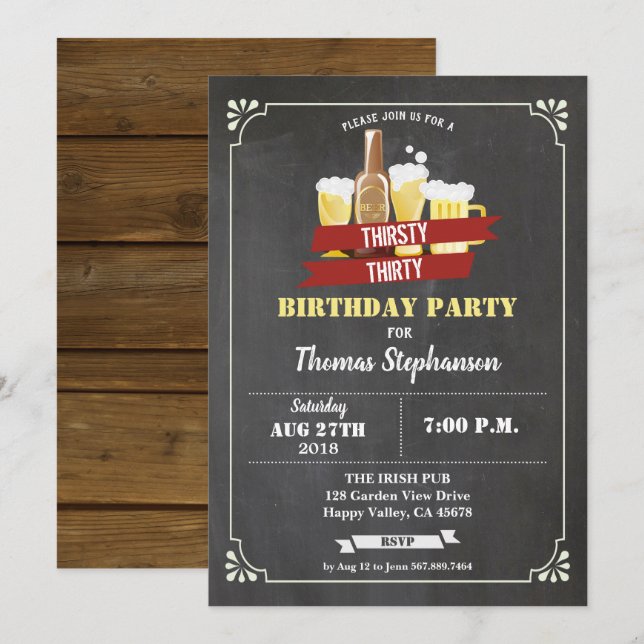 Beer 30th birthday Thirsty 30 retro bar chalkboard Invitation (Front/Back)