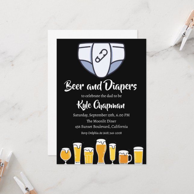 beer and diapers men's diaper party invitations (Front/Back In Situ)