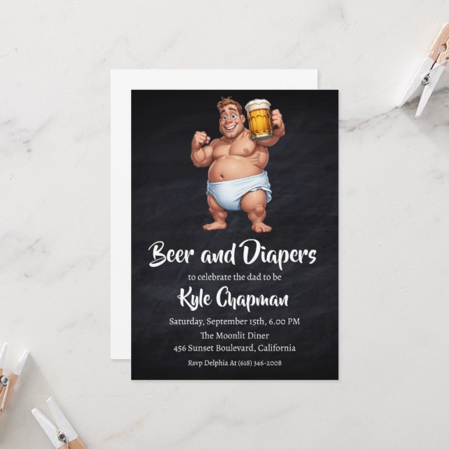 beer and diapers men's diaper party invitations (Front/Back In Situ)