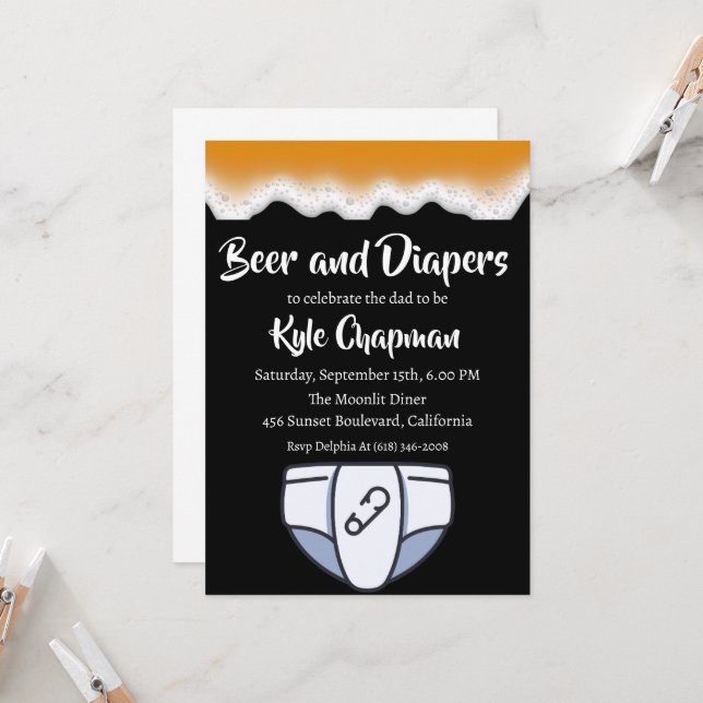 beer and diapers men's diaper party invitations (Front/Back In Situ)