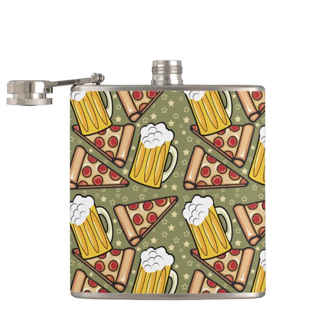 Beer and Pizza Graphic Pattern Hip Flask (Opened)