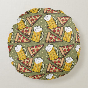 Beer and Pizza Graphic Pattern Round Pillow