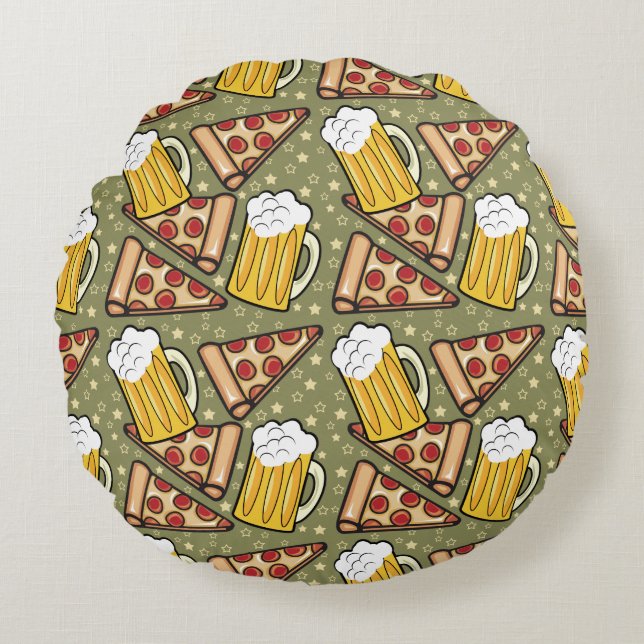 Beer and Pizza Graphic Pattern Round Pillow (Front)