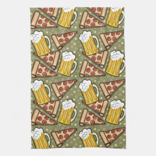 Beer and Pizza Graphic Pattern Vertical Kitchen Towel