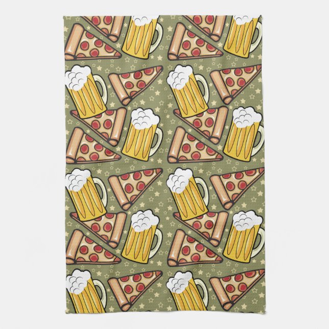 Beer and Pizza Graphic Pattern Vertical Kitchen Towel (Vertical)