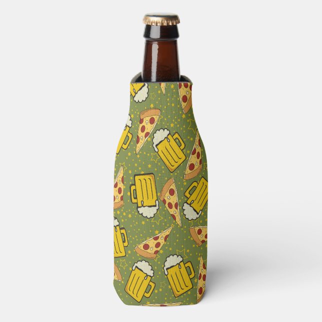 Beer and Pizza Pattern Bottle Cooler (Bottle Front)