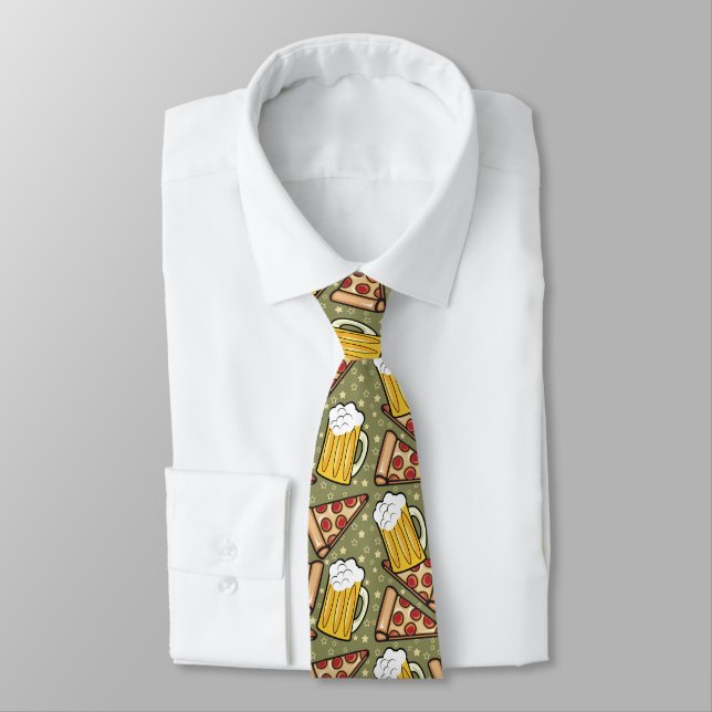 Beer and Pizza Pattern Tie (Tied)
