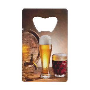 Beer barrel with beer glasses on a wooden table 2 wallet bottle opener