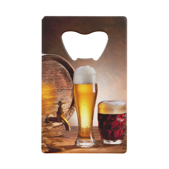 Beer barrel with beer glasses on a wooden table 2 wallet bottle opener (Front)
