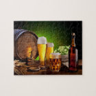 Beer barrel with beer glasses on a wooden table