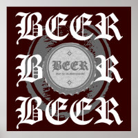 BEER! Bottle Cap, Grey & White on Burgundy Red