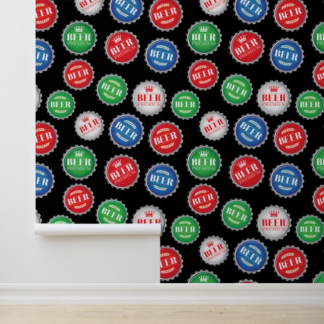 Beer Bottle Caps Patterned Bar Wallpaper (Application)