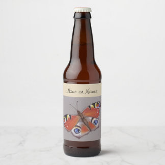 Beer Bottle Label with Peacock Butterfly Design
