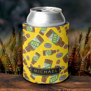 Beer Bottle Pattern with Bubbles Retro with Name Can Cooler