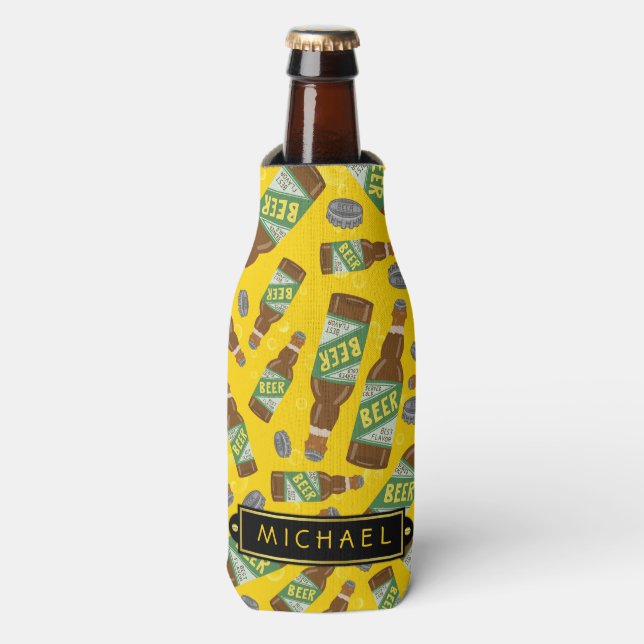 Beer Bottle Pattern with Bubbles Retro with Name Cooler (Bottle Front)