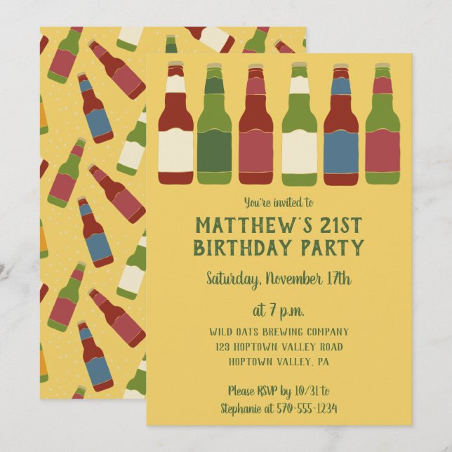 Beer Bottles Graphic Personalized Birthday Party Invitation (Front/Back)