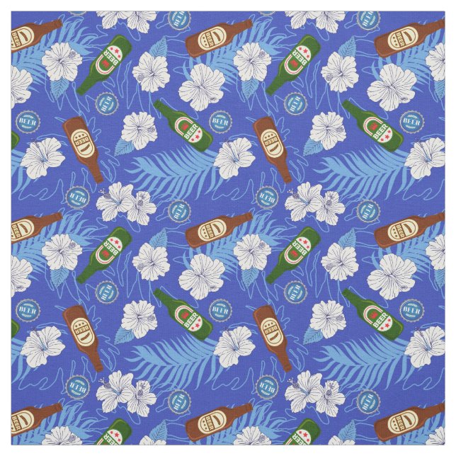 Beer Bottles Tropical Flowers Blue Hawaiian Shirt Fabric (Swatch)