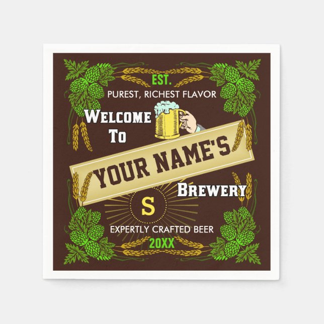Beer Brewery Personalized Name | Hops Barley Bar Napkin (Front)