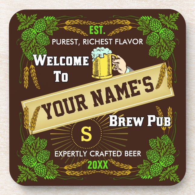 Beer Brewpub Hops / Barley Welcome: Personalized Coaster (Front)