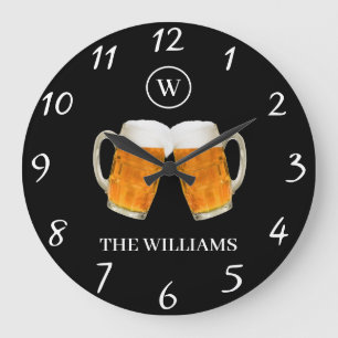 Beer Cheers Theme Custom Family Name Initial Black Large Clock