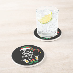 Beer Christmas Elf Funny Typography Holiday Glass Coaster