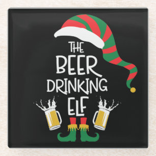 Beer Christmas Elf Funny Typography Holiday Glass Coaster