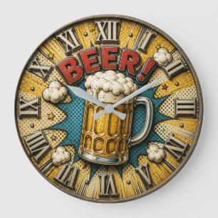 Beer Comic Pop Art Beer Mug Man Cave Large Clock