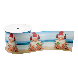 Beer Drinking Gnome on the Beach Funny Christmas Satin Ribbon