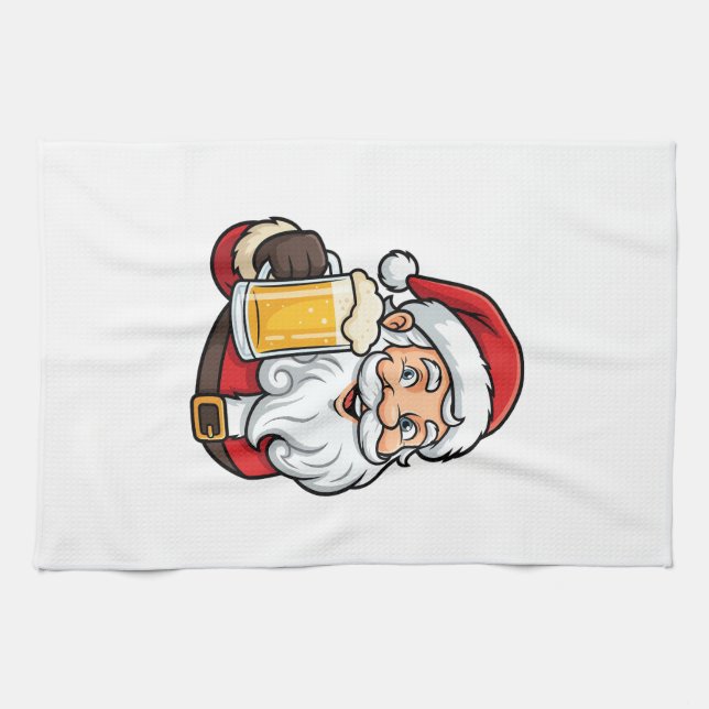Beer Drinking Santa Claus Christmas Graphic Kitchen Towel (Horizontal)