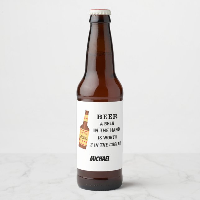 Beer Funny Saying Beer in hand Name Personalized Bottle Label (Front)