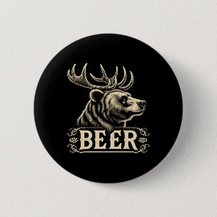 Beer Funny Vintage Design Bear With Deer Antlers F 2 Inch Round Button