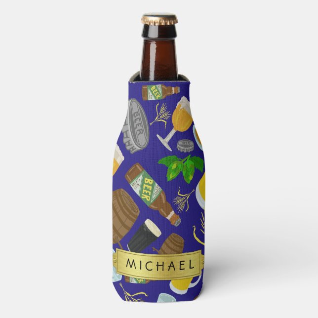 Beer Glass Bottle Hops and Barley Pattern Name Bottle Cooler (Bottle Front)